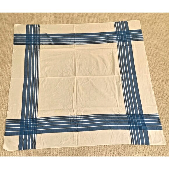 Vintage Blue White Plaid Cross Hatch Border Tablecloth 48" x 52" Cotton - Picture 1 of 5